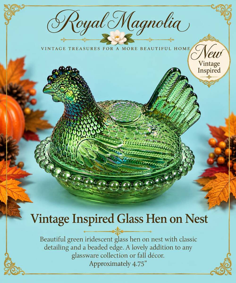 Royal Magnolia Vintage Inspired Green Iridescent Glass Hen on Nest Covered Candy